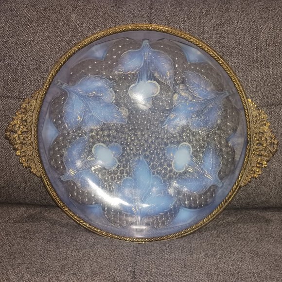Vintage Metal Rimmed Opalescent Dish w/ Cherry Pattern - Picture 3 of 5